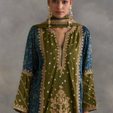 Irfana - Green Ajrakh Aline Kurta with Farshi Salwaar