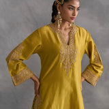 Ira - Mustard Kurta with Ajrakh Kali Sharara