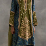 Irfana - Green Ajrakh Aline Kurta with Farshi Salwaar