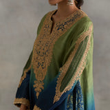 Inshad - Blue Green Ombre Kali Kurta With Farshi Salwaar