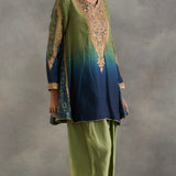 Inshad - Blue Green Ombre Kali Kurta With Farshi Salwaar