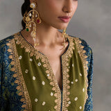 Irfana - Green Ajrakh Aline Kurta with Farshi Salwaar