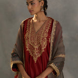 Izna - Red Grey Bandhani Choga with Red Salwar