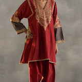 Izna - Red Grey Bandhani Choga with Red Salwar